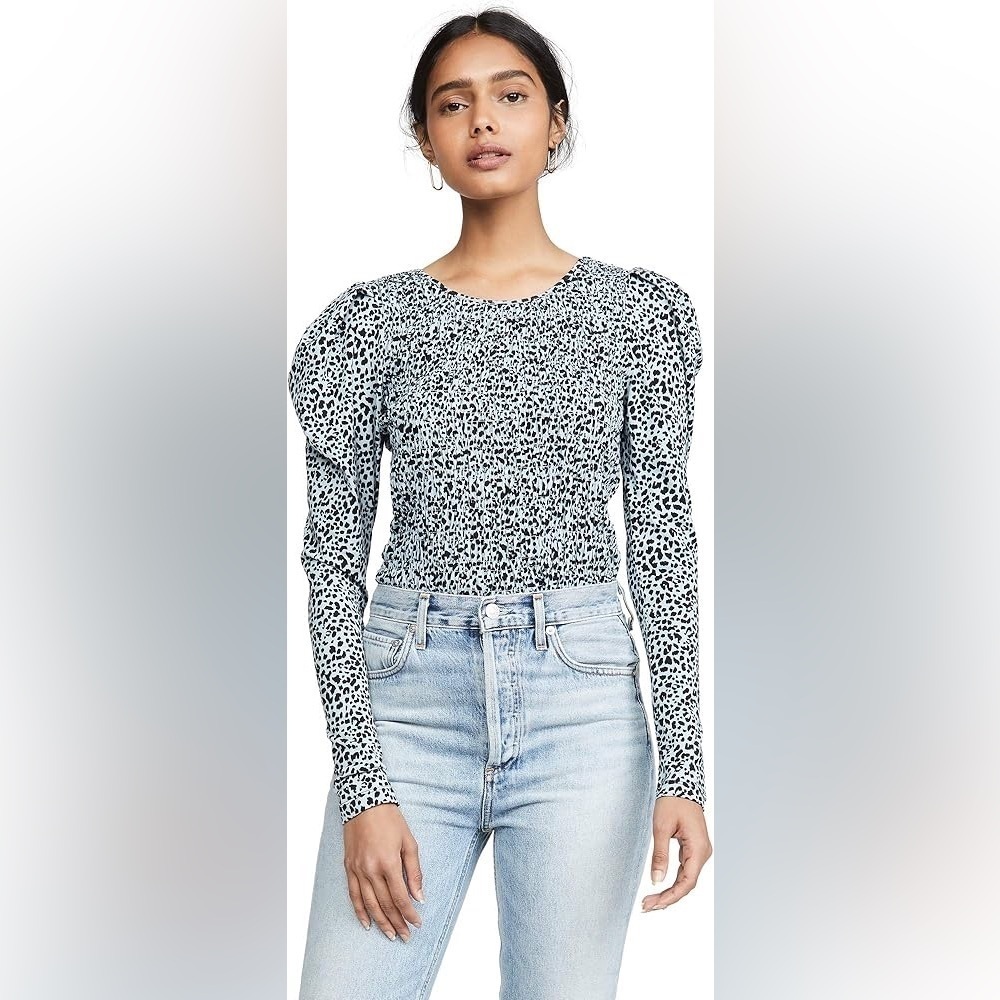 Parker Blue and Black Cheetah Ruche Long Sleeve Blouse sz L